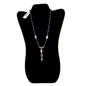 Vtg NOS Monet Antique Silver Tone Black Bead Marcasite Crystal Necklace